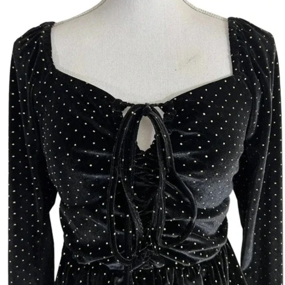 Aqua Black Velour Peplum Blouse Size S Gold Studs Keyhole Long Sleeves Cocktail - Picture 3 of 9